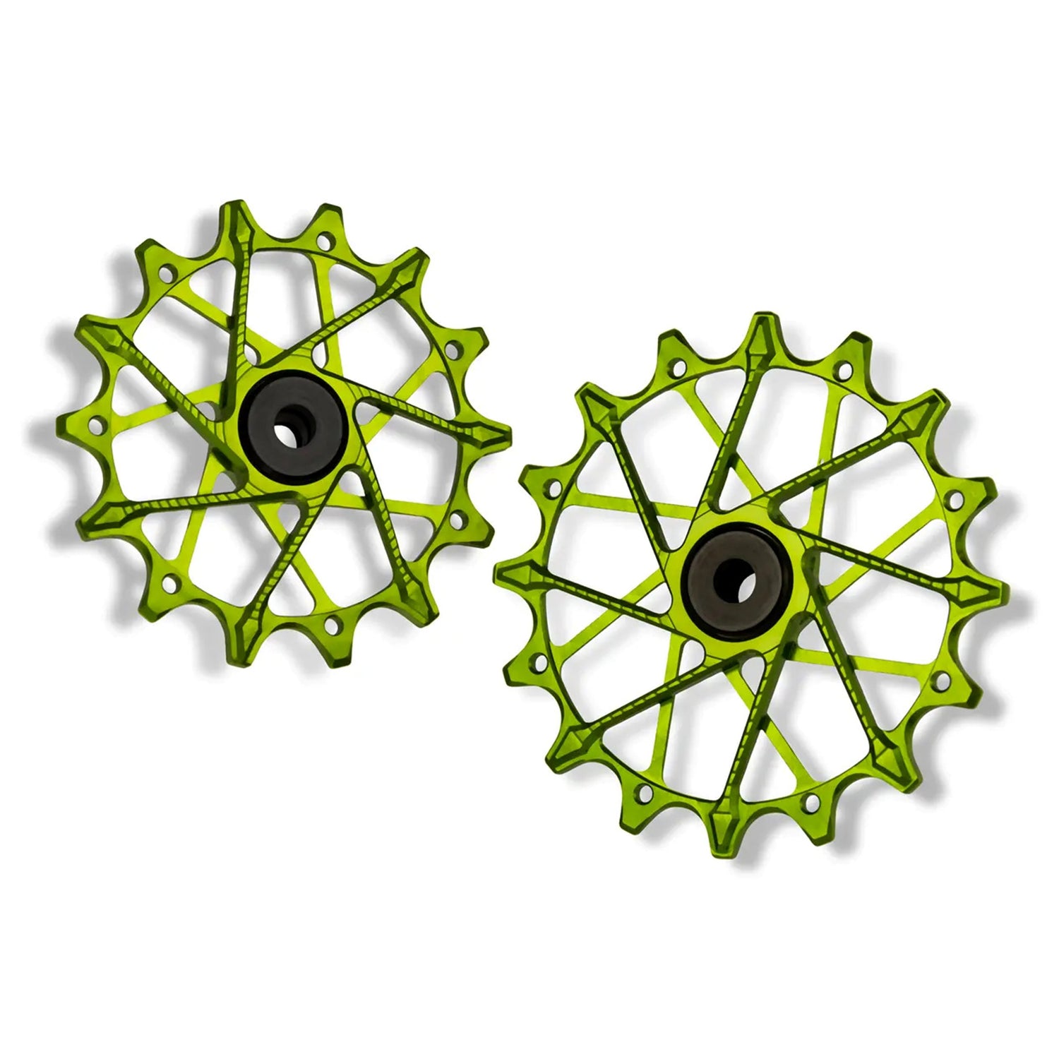Green Garbaruk rear derailleur pulleys for SRAM XPLR 13-speed, studio shot on white background