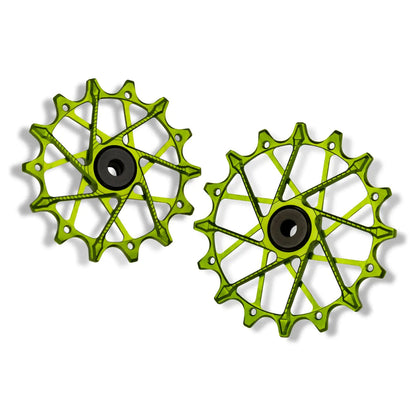 Green Garbaruk rear derailleur pulleys for SRAM XPLR 13-speed, studio shot on white background