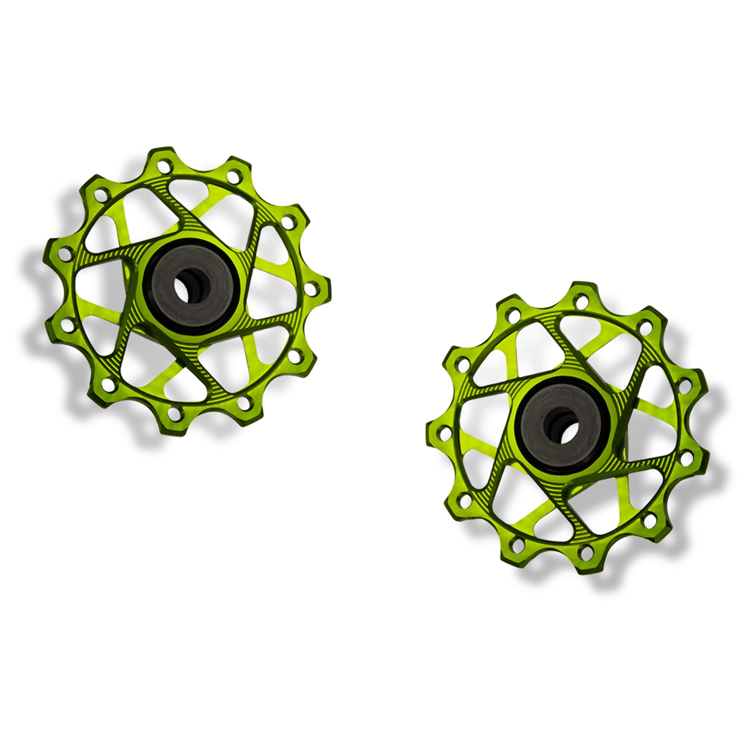 Garbaruk rear derailleur pulleys for Shimano, green, 11T + 11T tooth combination, CNC-machined lightweight alloy for smooth 11-speed shifting