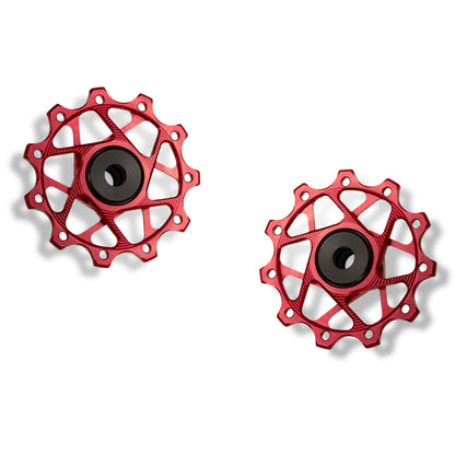 Garbaruk red rear derailleur pulleys for Shimano with 11T + 11T tooth combination, designed for smooth and precise shifting on 11-speed drivetrains