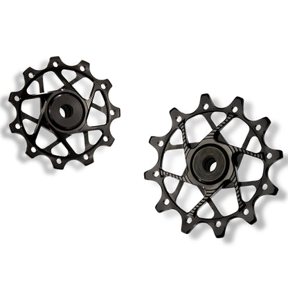 Garbaruk rear derailleur pulleys for Shimano, black, 11T + 12T tooth combo, designed for 11-speed MTB with standard cage for optimal chain management