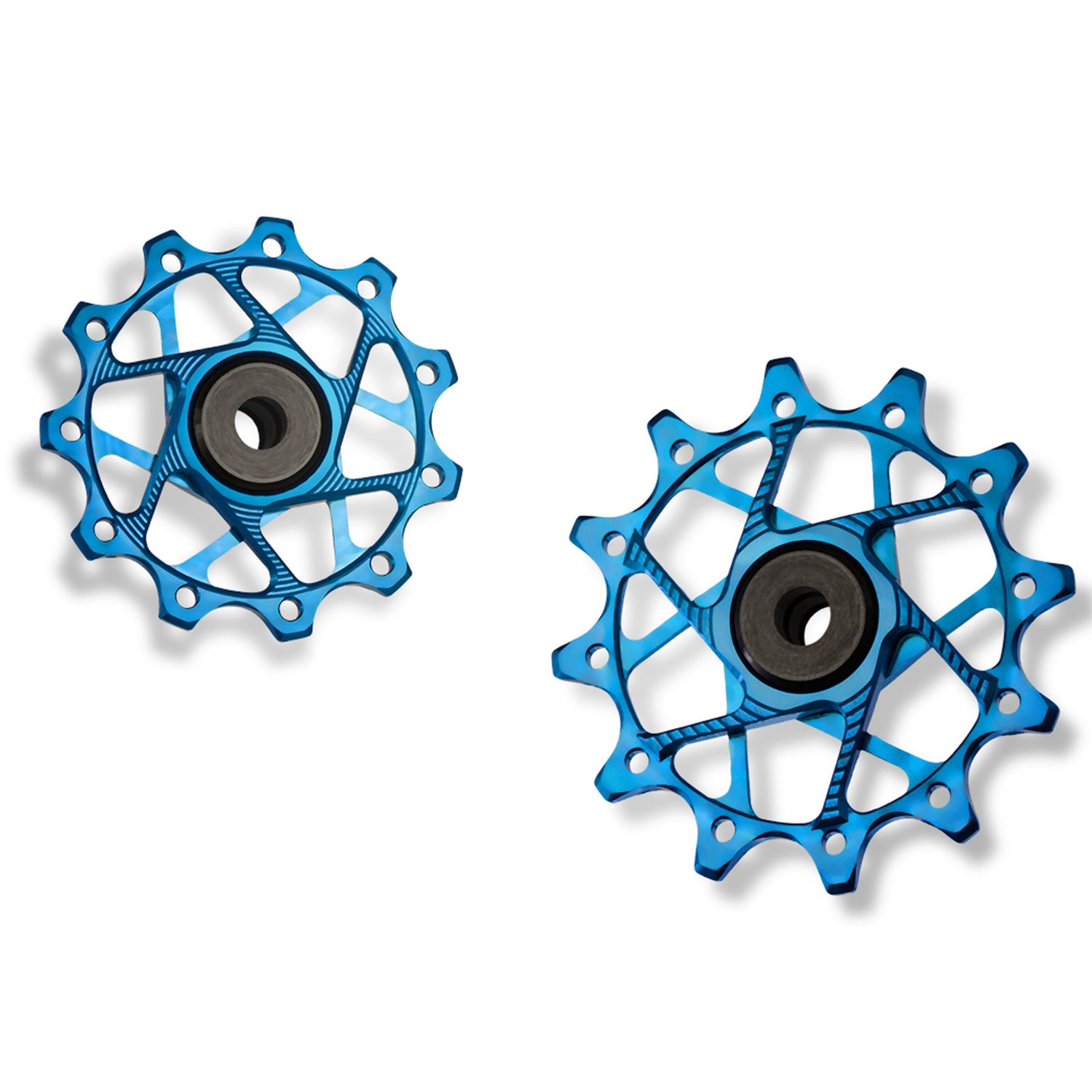 Garbaruk rear derailleur pulleys for Shimano, blue, 11T + 12T tooth combo, designed for 11-speed MTB with standard cage for optimal chain management