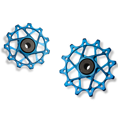 Garbaruk rear derailleur pulleys in blue, Shimano with 11T + 12T tooth combination, optimised for 11-speed MTB with standard cage for efficient chain retention