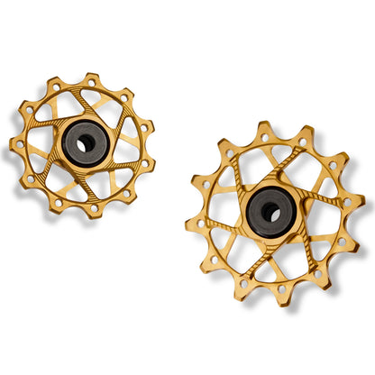 Garbaruk rear derailleur pulleys for Shimano, gold, 11T + 12T tooth combo, designed for 11-speed MTB with standard cage for optimal chain management