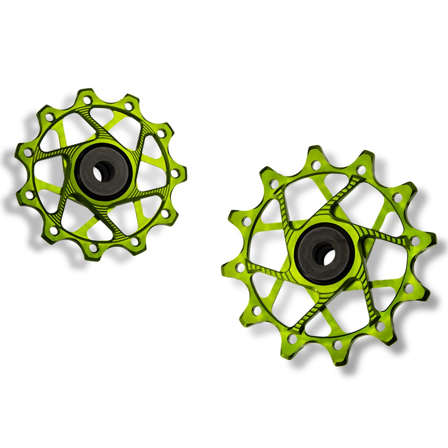 Garbaruk rear derailleur pulleys for Shimano, green, 11T + 12T tooth combo, designed for 11-speed MTB with standard cage for optimal chain management