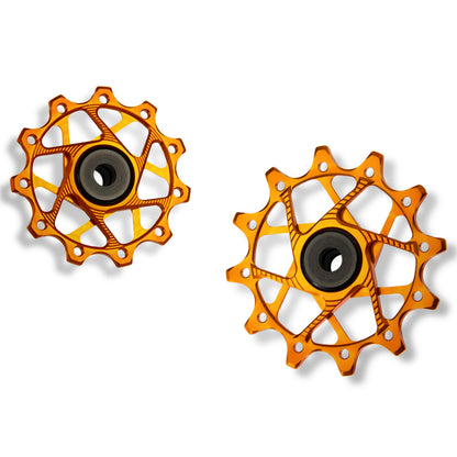 Garbaruk rear derailleur pulleys for Shimano, orange, 11T + 12T tooth combo, designed for 11-speed MTB with standard cage for optimal chain management