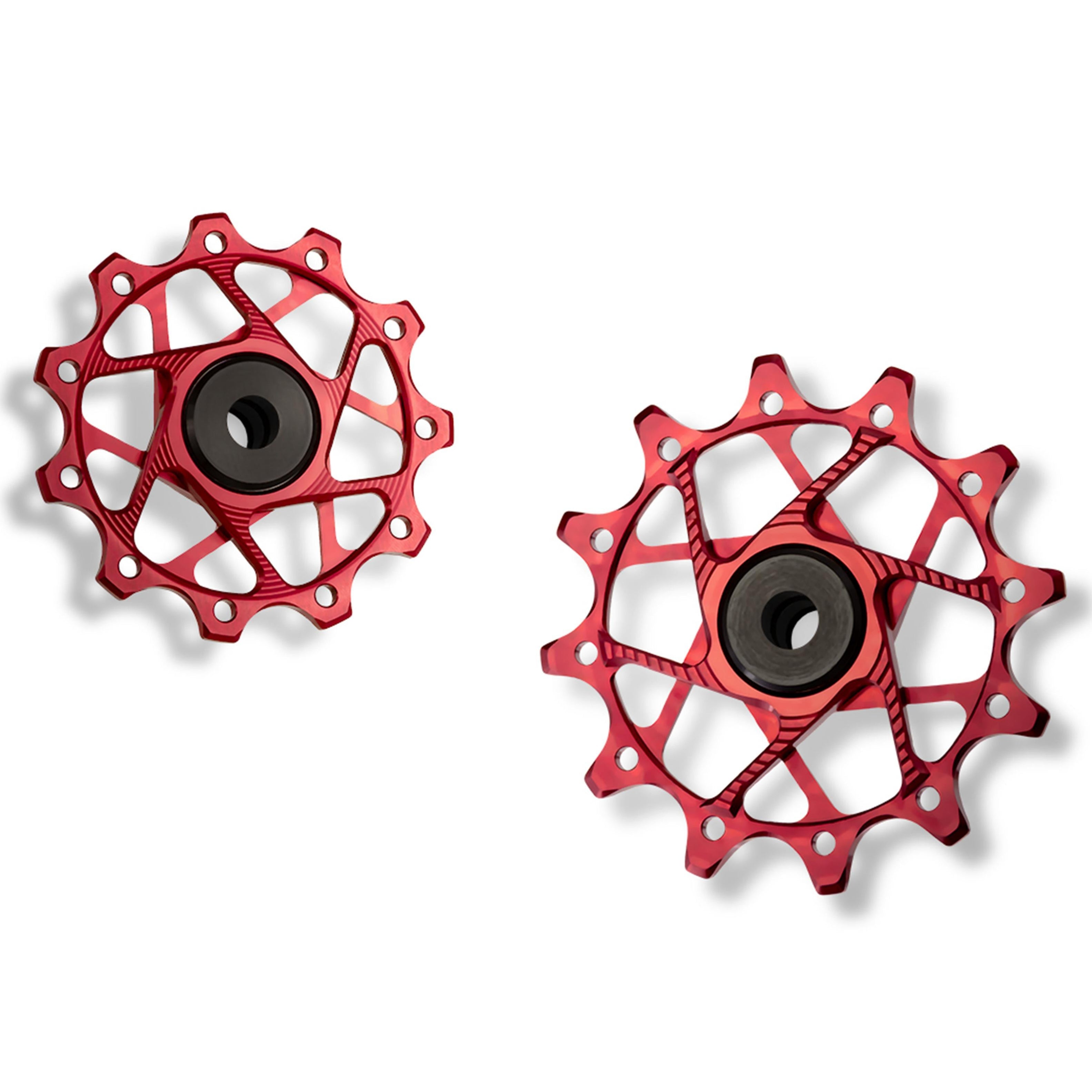 Garbaruk rear derailleur pulleys for Shimano, red, 11T + 12T tooth combo, designed for 11-speed MTB with standard cage for optimal chain management