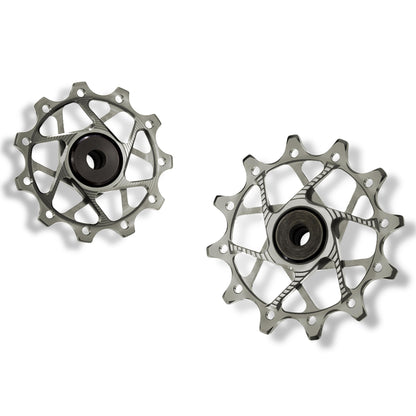 Garbaruk rear derailleur pulleys for Shimano, silver, 11T + 12T tooth combo, designed for 11-speed MTB with standard cage for optimal chain management