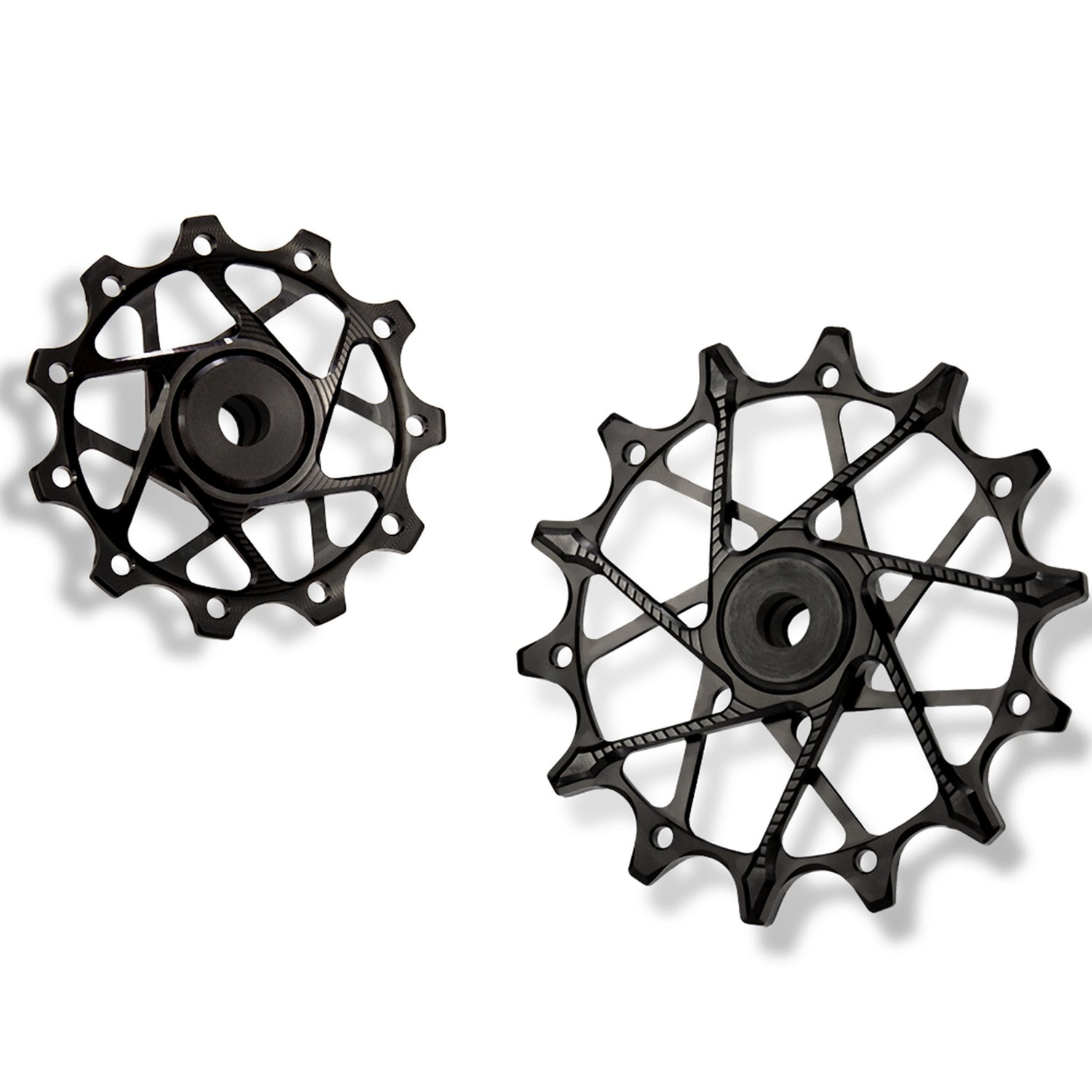 Garbaruk rear derailleur pulleys for Shimano, black, 11T + 14T tooth combo, optimised for 11-speed XT with standard cage for smooth drivetrain performance