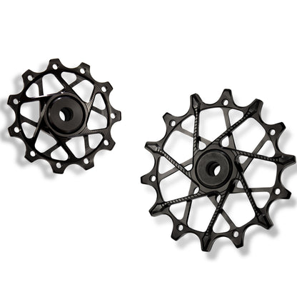 Garbaruk rear derailleur pulleys for Shimano, black, 11T + 14T tooth combo, optimised for 11-speed XT with standard cage for smooth drivetrain performance