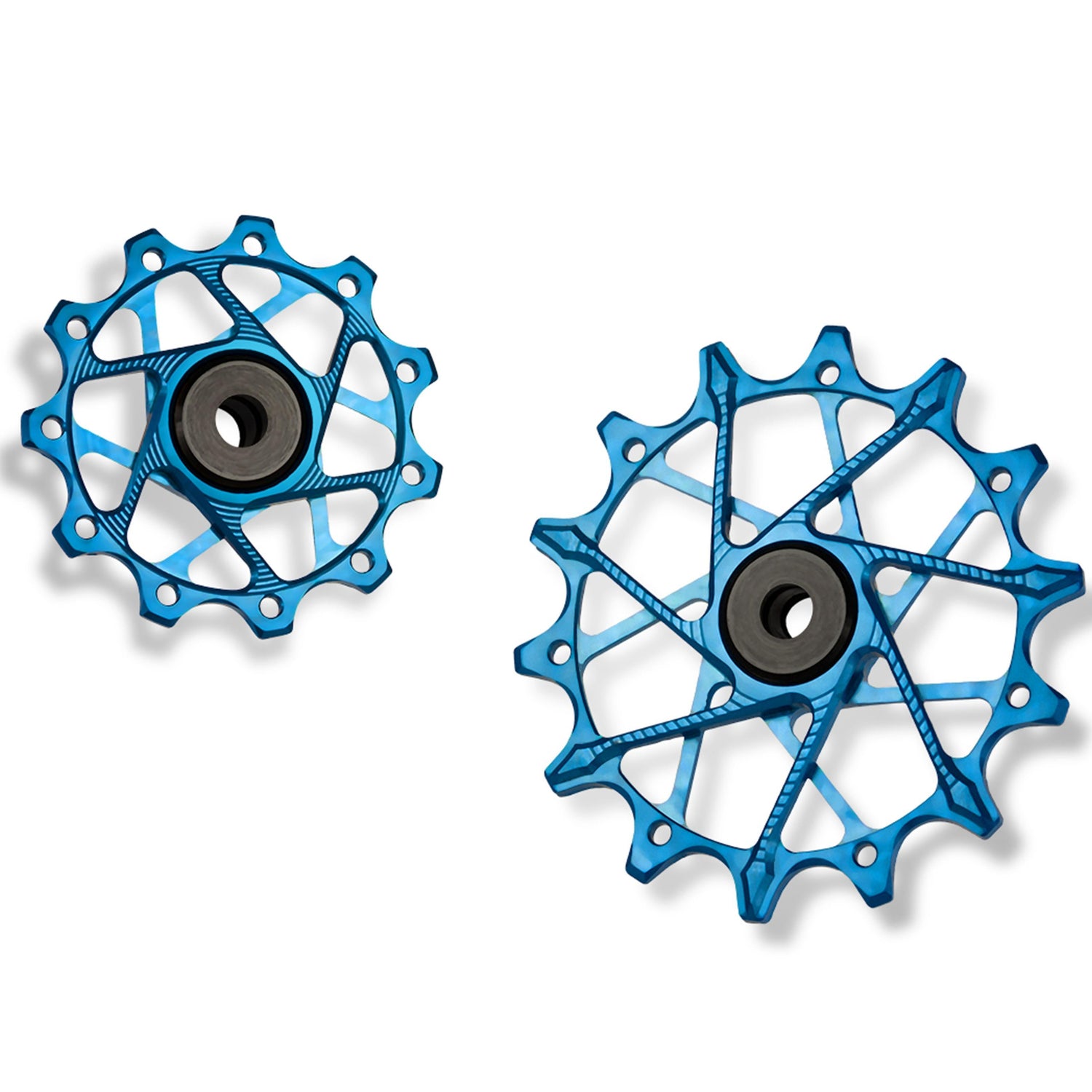 Garbaruk rear derailleur pulleys for Shimano, blue, 11T + 14T tooth combo, optimised for 11-speed XT with standard cage for smooth drivetrain performance