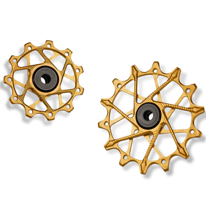 Garbaruk rear derailleur pulleys for Shimano, gold, 11T + 14T tooth combo, optimised for 11-speed XT with standard cage for smooth drivetrain performance