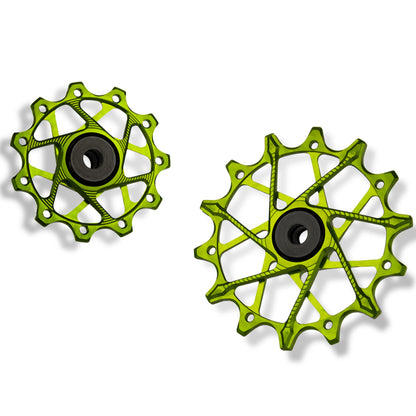 Garbaruk rear derailleur pulleys for Shimano, green, 11T + 14T tooth combo, optimised for 11-speed XT with standard cage for smooth drivetrain performance