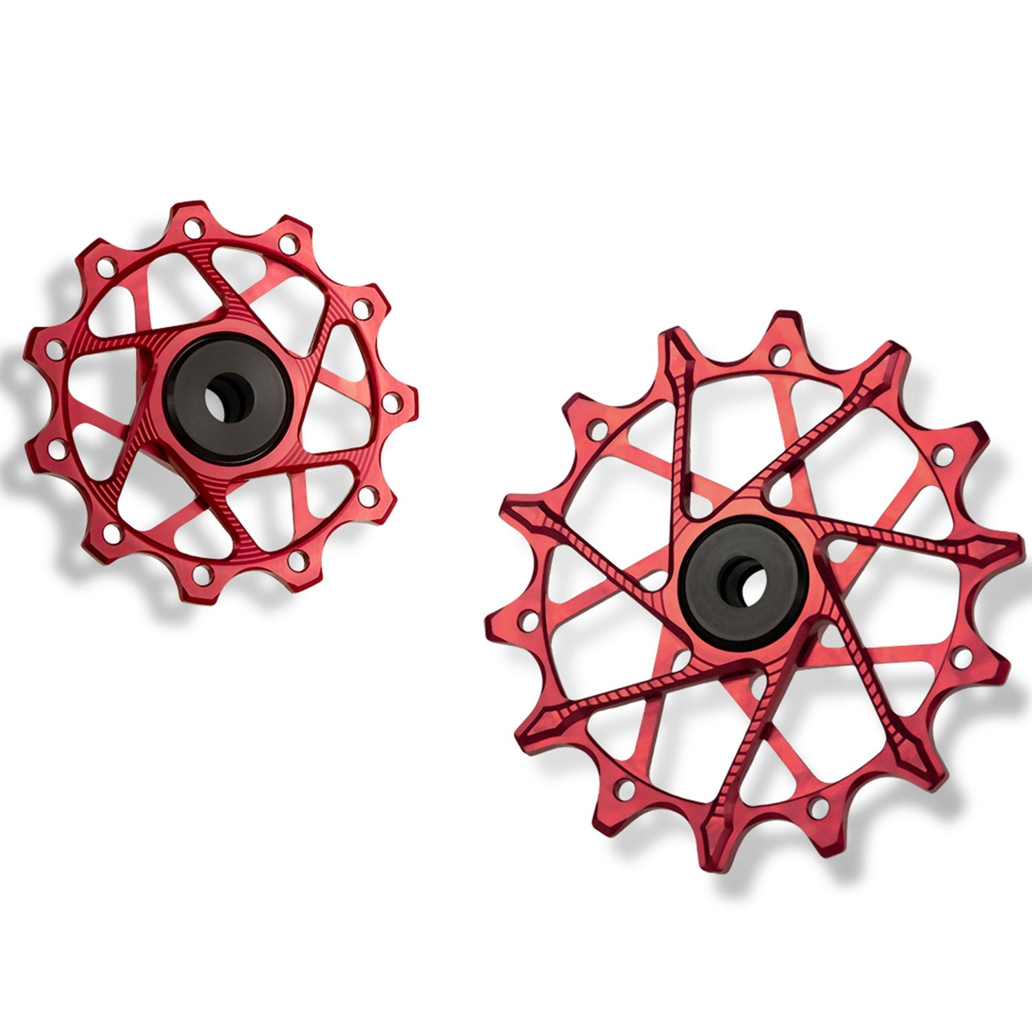 Garbaruk rear derailleur pulleys for Shimano, red, 11T + 14T tooth combo, optimised for 11-speed XT with standard cage for smooth drivetrain performance
