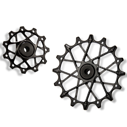 Garbaruk rear derailleur pulleys for Shimano, black, 11T + 16T tooth combo, designed for 11-speed MTB with Garbaruk cage for superior chain control
