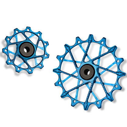 Garbaruk rear derailleur pulleys for Shimano, blue, 11T + 16T tooth combo, designed for 11-speed MTB with Garbaruk cage for superior chain control