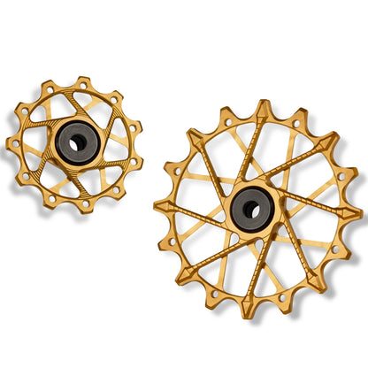 Garbaruk rear derailleur pulleys for Shimano, gold, 11T + 16T tooth combo, designed for 11-speed MTB with Garbaruk cage for superior chain control