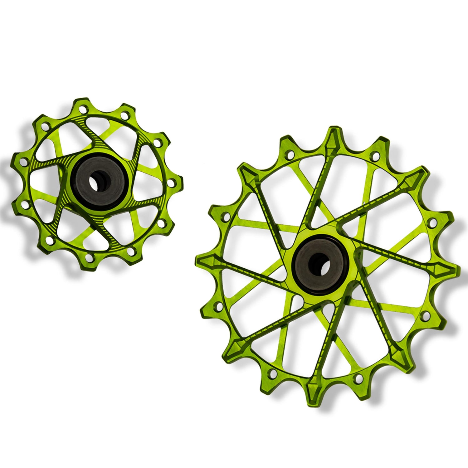 Garbaruk rear derailleur pulleys for Shimano, green, 11T + 16T tooth combo, designed for 11-speed MTB with Garbaruk cage for superior chain control