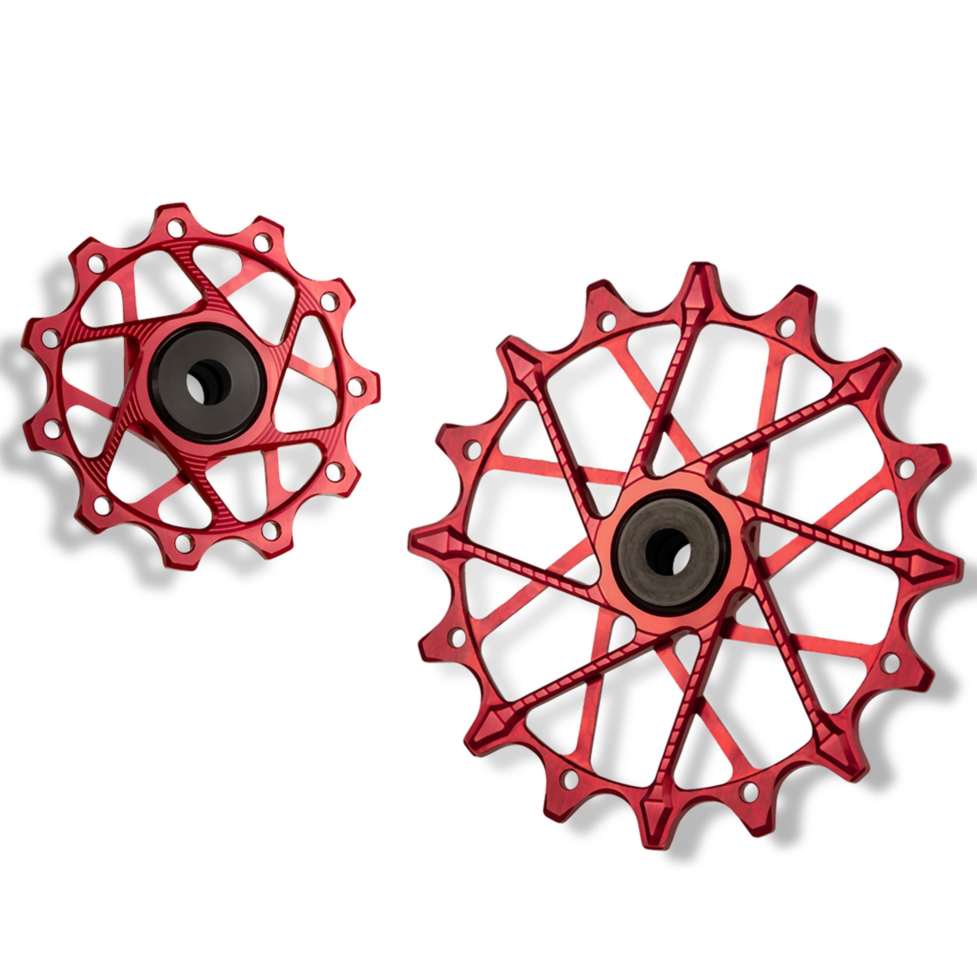 Garbaruk rear derailleur pulleys for Shimano, red, 11T + 16T tooth combo, designed for 11-speed MTB with Garbaruk cage for superior chain control