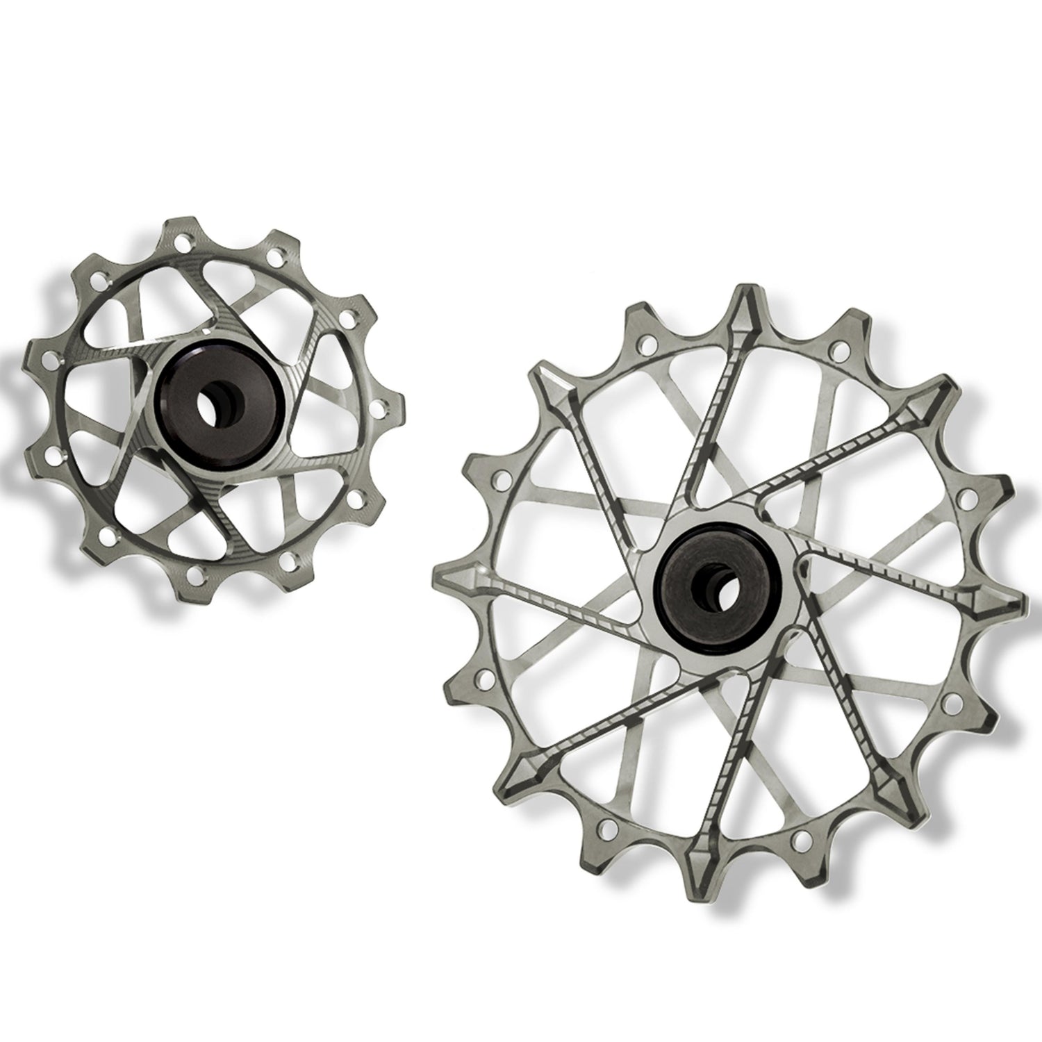 Garbaruk rear derailleur pulleys for Shimano, silver, 11T + 16T tooth combo, designed for 11-speed MTB with Garbaruk cage for superior chain control