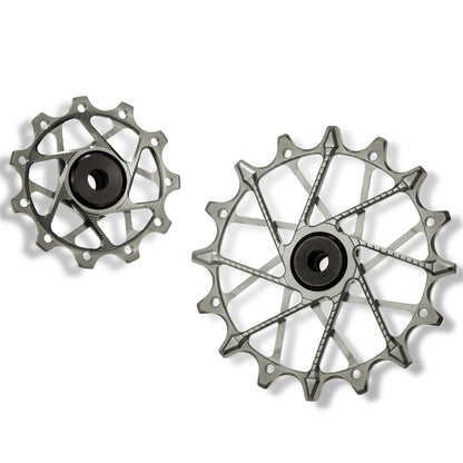 Garbaruk rear derailleur pulleys for Shimano, silver, 11T + 16T tooth combo, designed for 11-speed MTB with Garbaruk cage for superior chain control