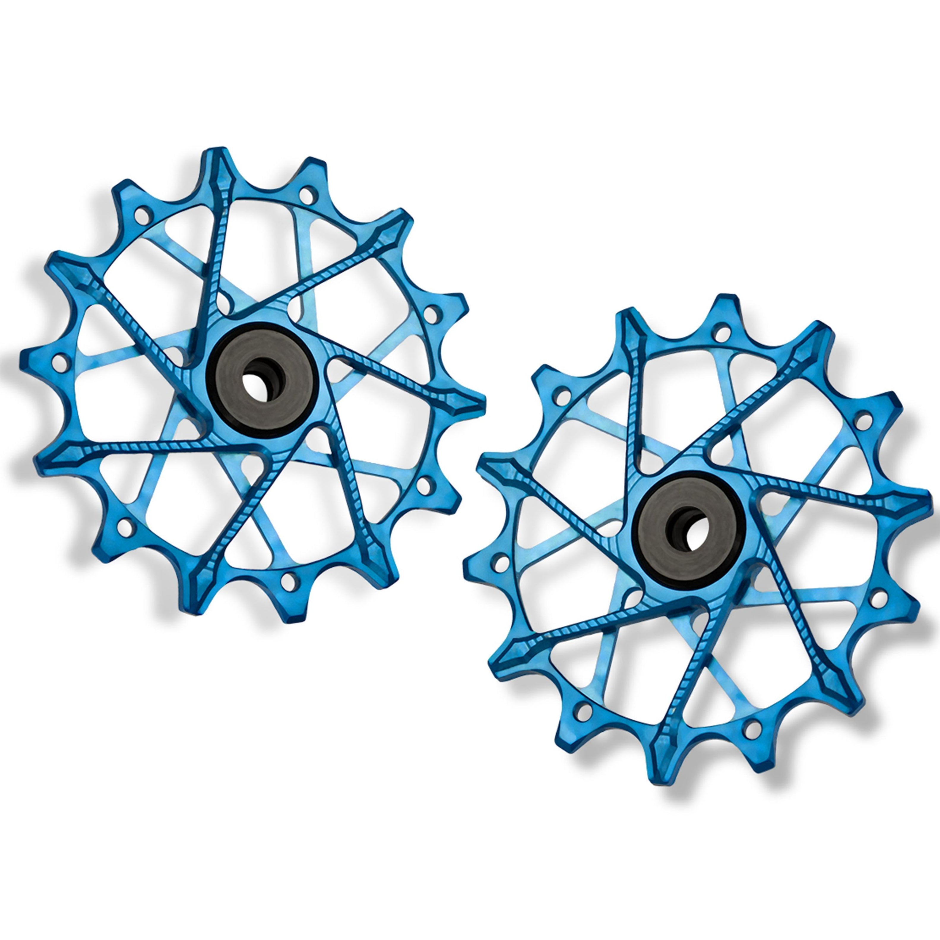 Garbaruk rear derailleur pulleys for Shimano, blue, 14T + 14T tooth combo, designed for 12-speed MTB with standard cage for smooth shifting