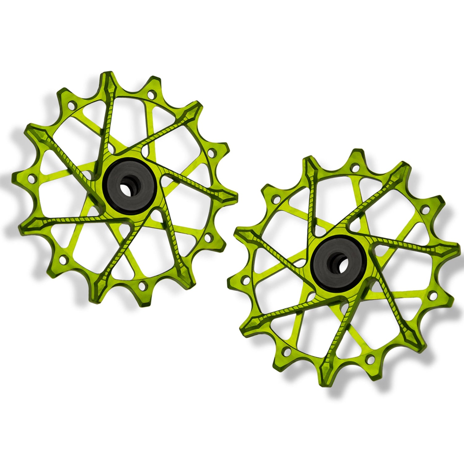 Garbaruk rear derailleur pulleys for Shimano, green, 14T + 14T tooth combo, designed for 12-speed MTB with standard cage for smooth shifting