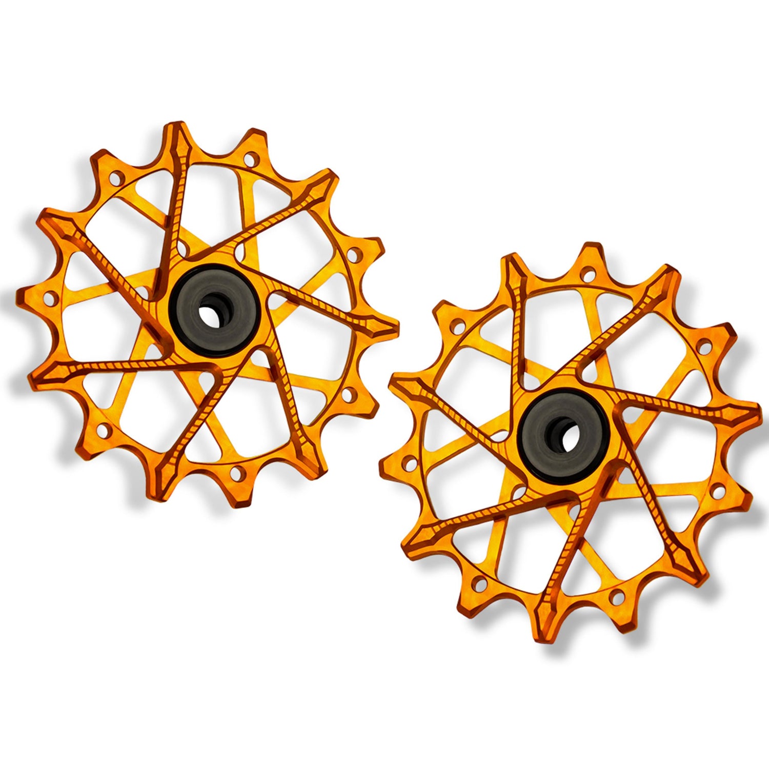 Garbaruk rear derailleur pulleys for Shimano, orange, 14T + 14T tooth combo, designed for 12-speed MTB with standard cage for smooth shifting