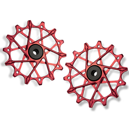 Garbaruk rear derailleur pulleys for Shimano, red, 14T + 14T tooth combo, designed for 12-speed MTB with standard cage for smooth shifting