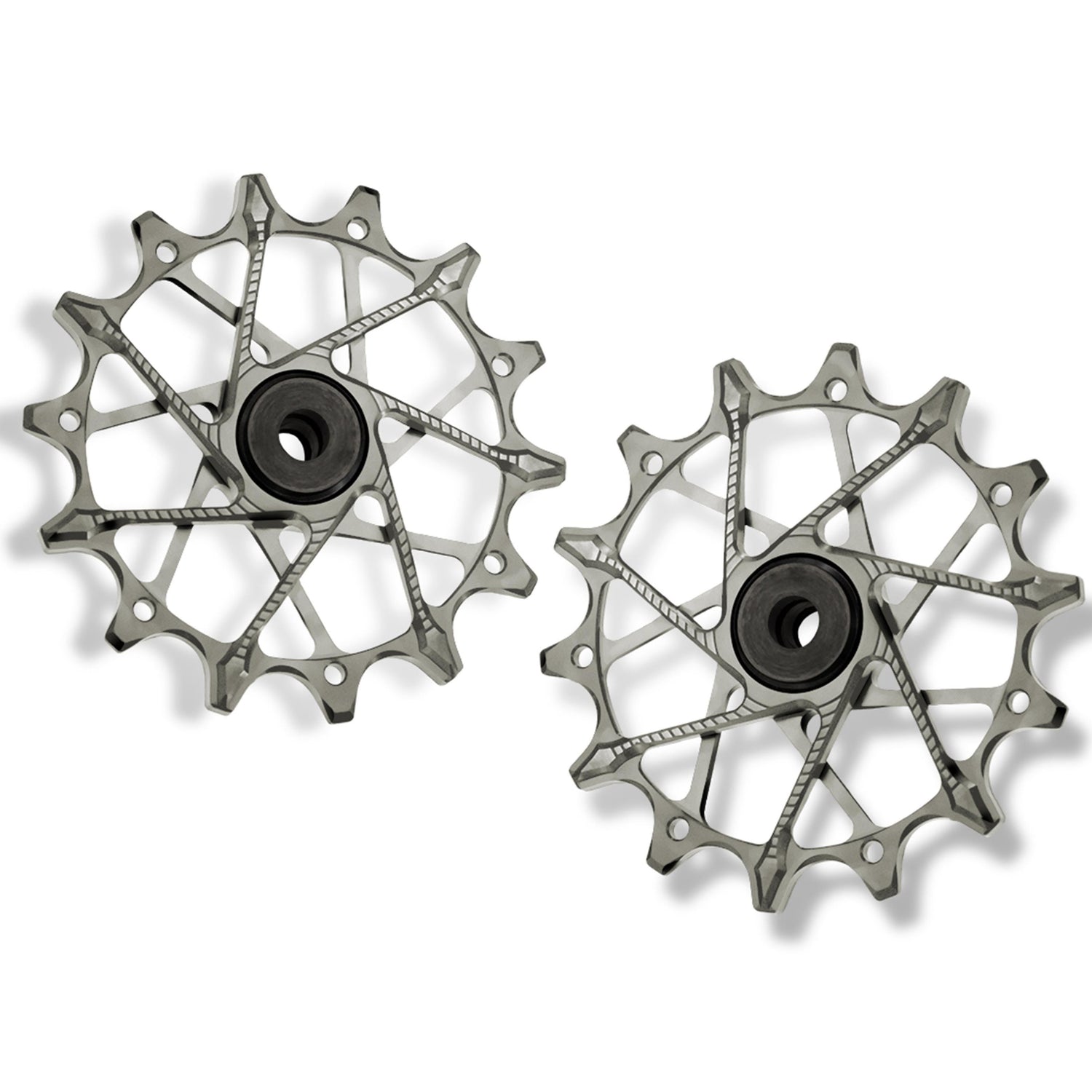 Garbaruk rear derailleur pulleys for Shimano, silver, 14T + 14T tooth combo, designed for 12-speed MTB with standard cage for smooth shifting