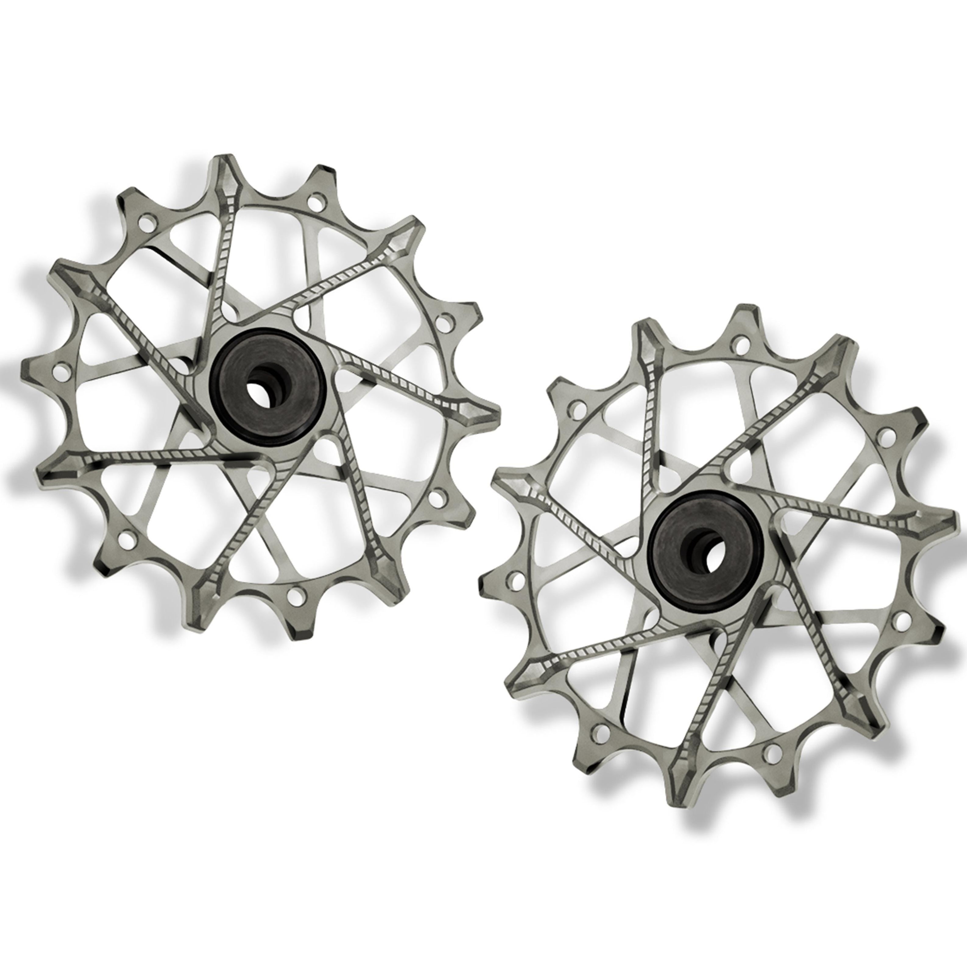 Garbaruk rear derailleur pulleys for Shimano, silver, 14T + 14T tooth combo, designed for 12-speed MTB with standard cage for smooth shifting