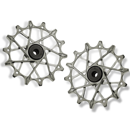 Garbaruk rear derailleur pulleys for Shimano, silver, 14T + 14T tooth combo, designed for 12-speed MTB with standard cage for smooth shifting