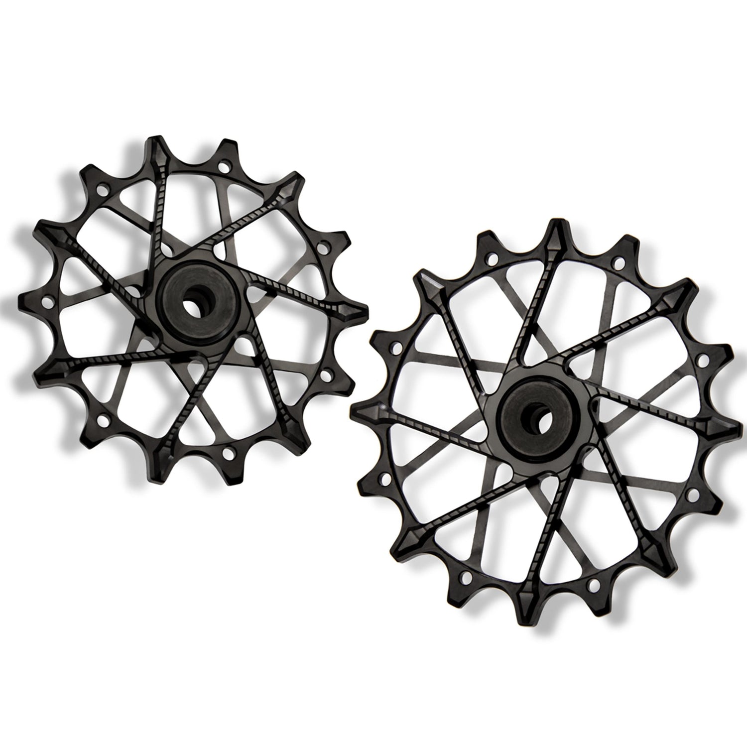Garbaruk rear derailleur pulleys for Shimano, black, 14T + 16T tooth combo, designed for 12-speed MTB with Garbaruk cage for superior drivetrain efficiency