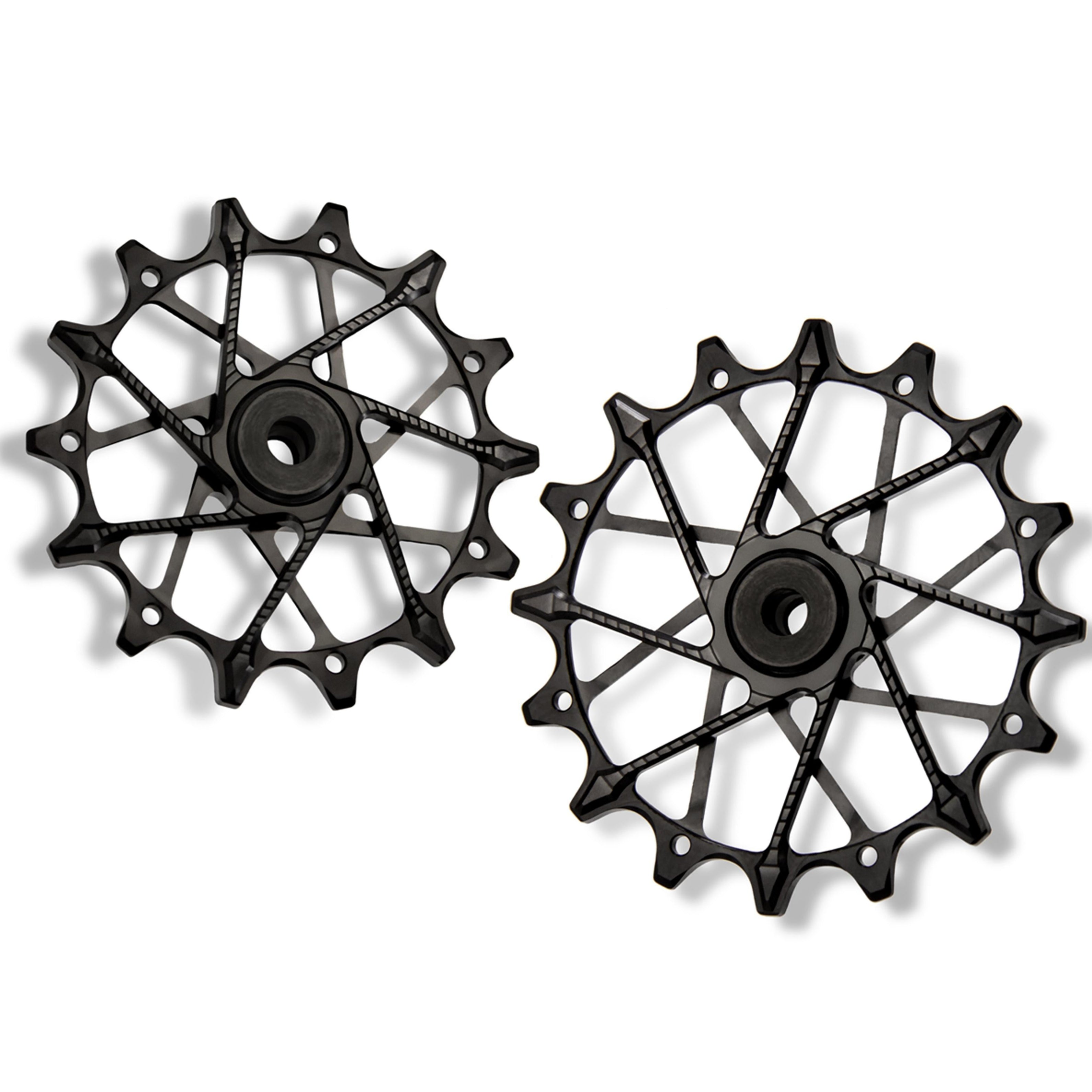 Garbaruk rear derailleur pulleys for Shimano, black, 14T + 16T tooth combo, designed for 12-speed MTB with Garbaruk cage for superior drivetrain efficiency