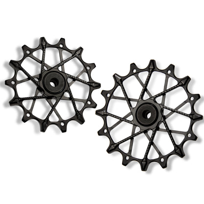 Garbaruk rear derailleur pulleys for Shimano, black, 14T + 16T tooth combo, designed for 12-speed MTB with Garbaruk cage for superior drivetrain efficiency