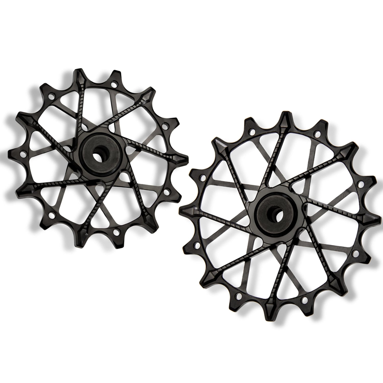 Garbaruk rear derailleur pulleys for Shimano in black, 14T + 16T combo, designed for 12-speed MTB with Garbaruk cage for superior drivetrain efficiency