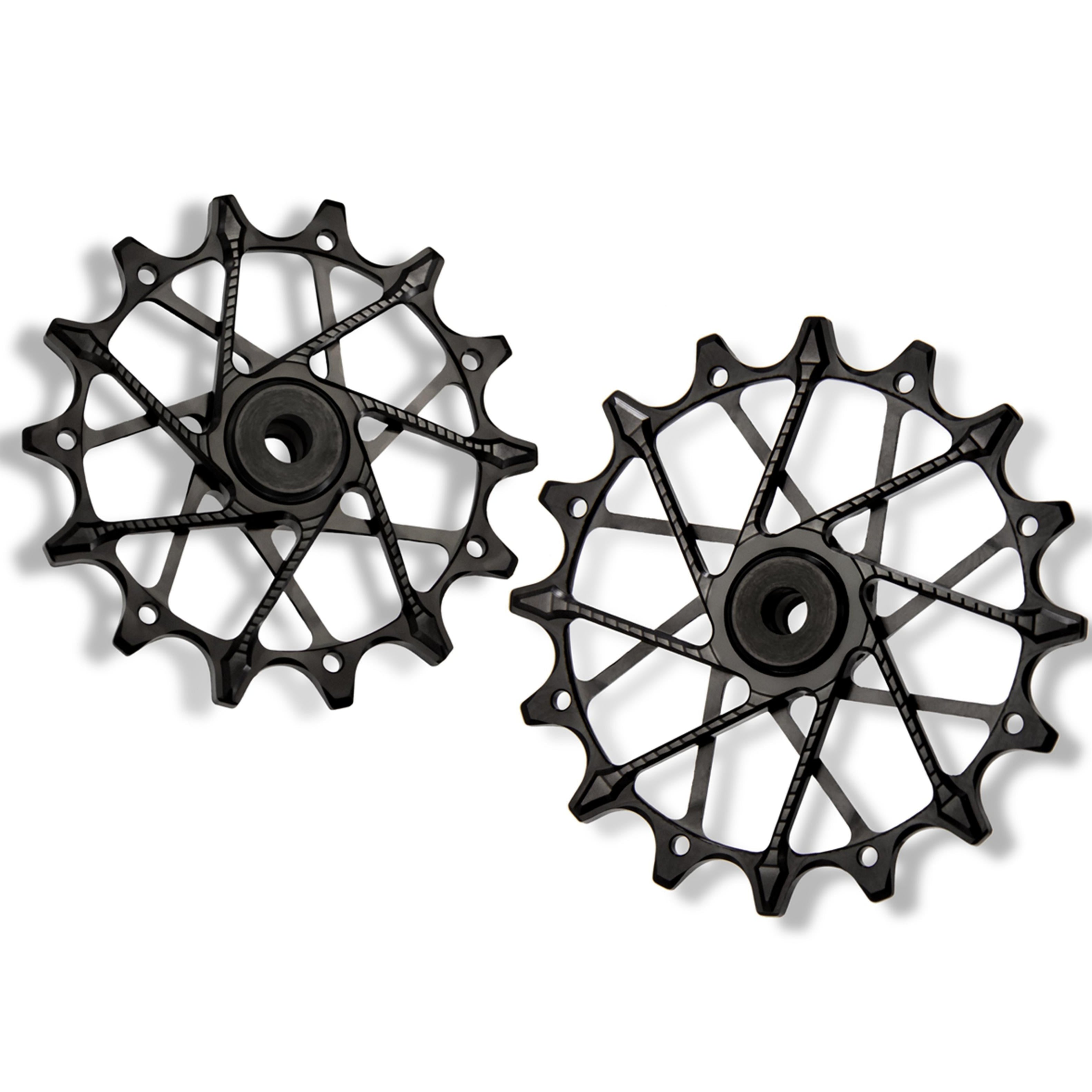 Garbaruk rear derailleur pulleys for Shimano in black, 14T + 16T combo, designed for 12-speed MTB with Garbaruk cage for superior drivetrain efficiency