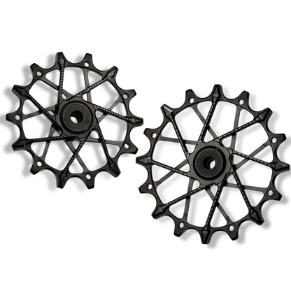 Garbaruk rear derailleur pulleys for Shimano in black, 14T + 16T combo, designed for 12-speed MTB with Garbaruk cage for superior drivetrain efficiency
