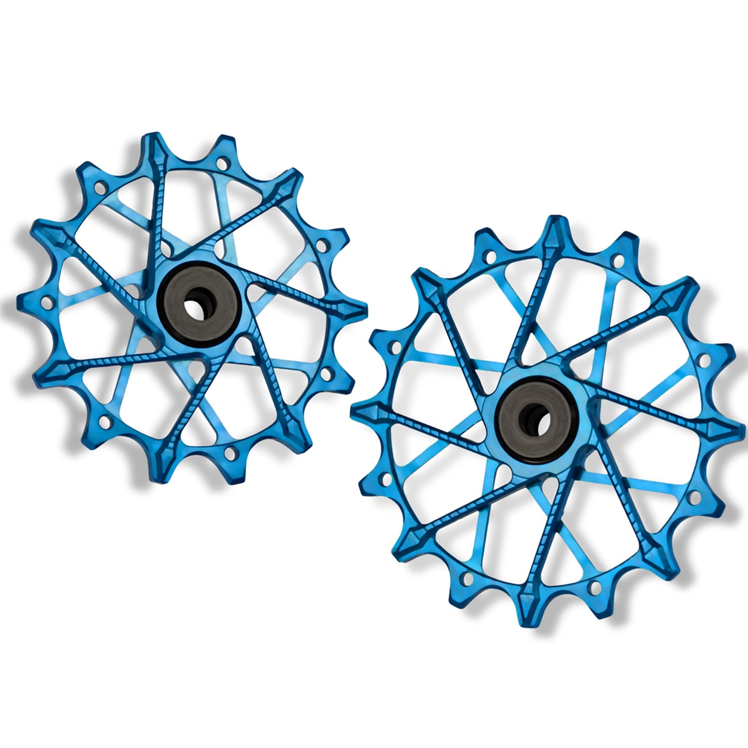 Garbaruk rear derailleur pulleys for Shimano, blue, 14T + 16T tooth combo, designed for 12-speed MTB with Garbaruk cage for superior drivetrain efficiency