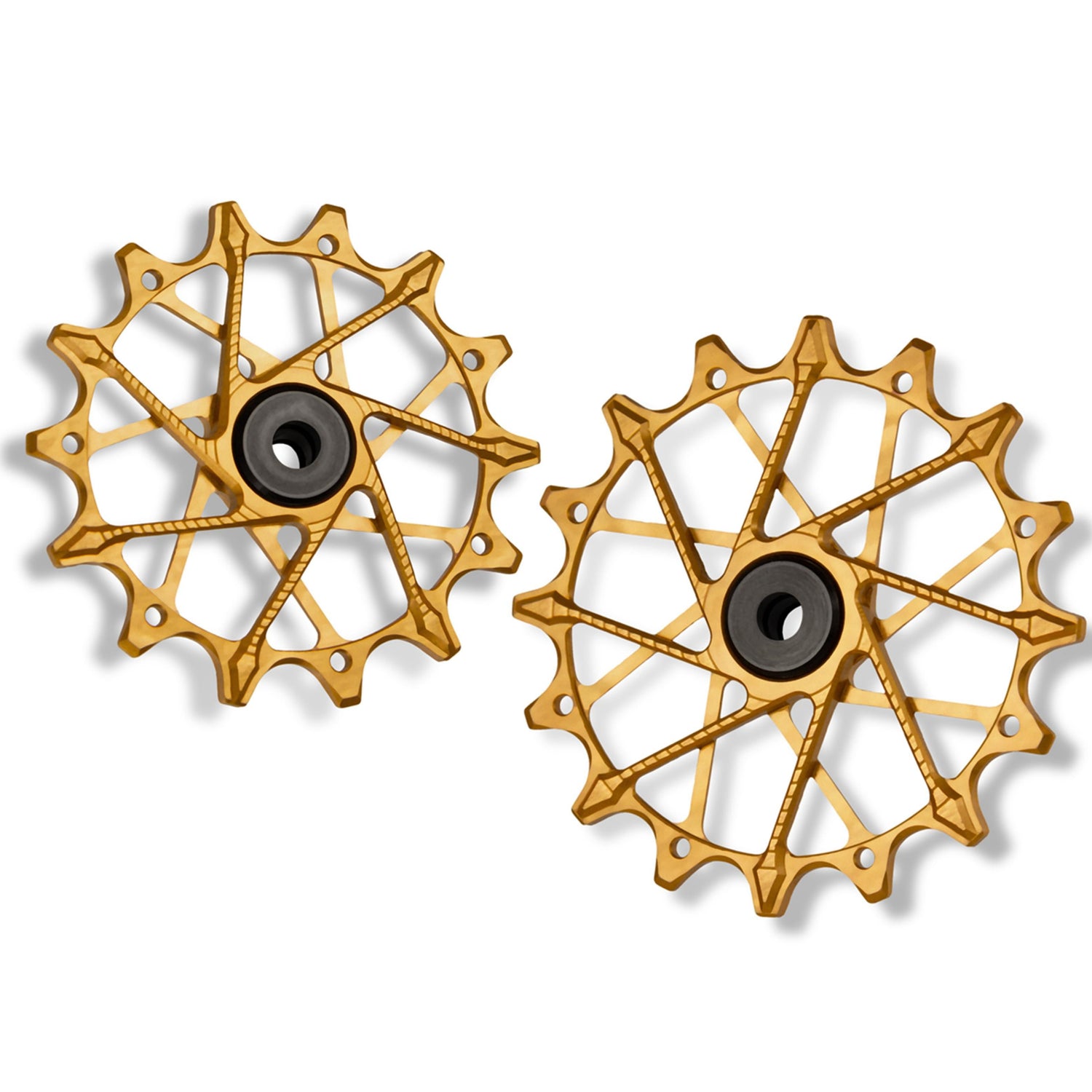 Garbaruk rear derailleur pulleys for Shimano, gold, 14T + 16T tooth combo, designed for 12-speed MTB with Garbaruk cage for superior drivetrain efficiency