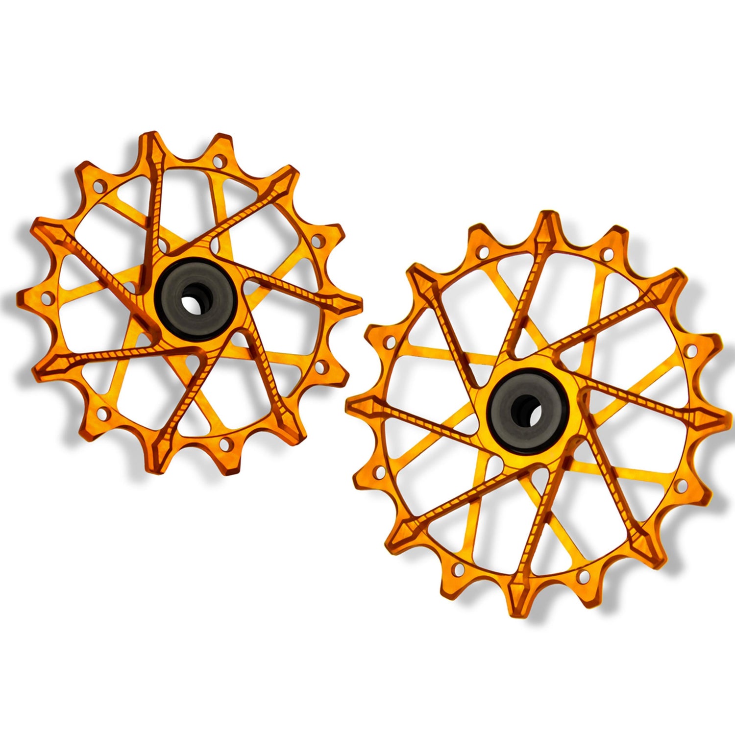 Garbaruk rear derailleur pulleys for Shimano, orange, 14T + 16T tooth combo, designed for 12-speed MTB with Garbaruk cage for superior drivetrain efficiency