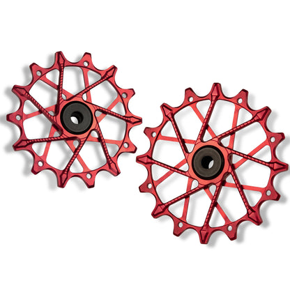 Garbaruk rear derailleur pulleys for Shimano, red, 14T + 16T tooth combo, designed for 12-speed MTB with Garbaruk cage for superior drivetrain efficiency