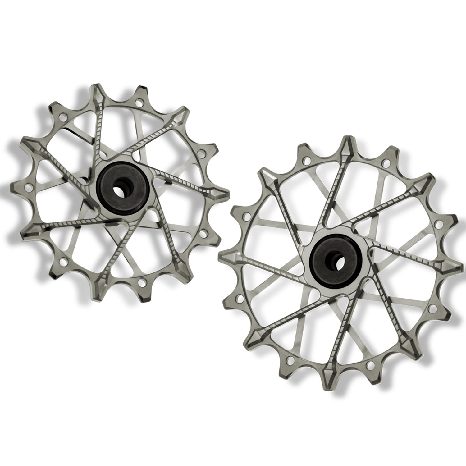 Garbaruk rear derailleur pulleys for Shimano, silver, 14T + 16T tooth combo, designed for 12-speed MTB with Garbaruk cage for superior drivetrain efficiency