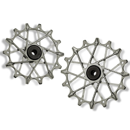 Garbaruk rear derailleur pulleys for Shimano, silver, 14T + 16T tooth combo, designed for 12-speed MTB with Garbaruk cage for superior drivetrain efficiency