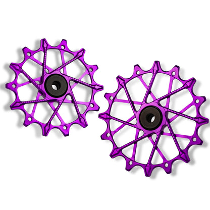Garbaruk rear derailleur pulleys for Shimano, violet, 14T + 16T tooth combo, designed for 12-speed MTB with Garbaruk cage for superior drivetrain efficiency
