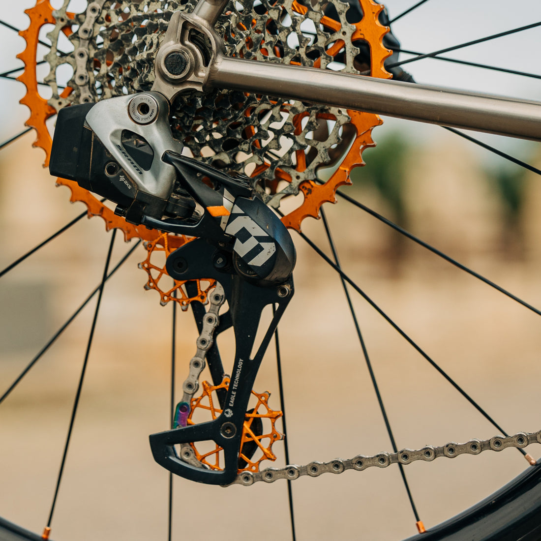 Garbaruk orange SRAM rear derailleur pulleys installed on a custom-built Bossi titanium bicycle, photographed outdoors