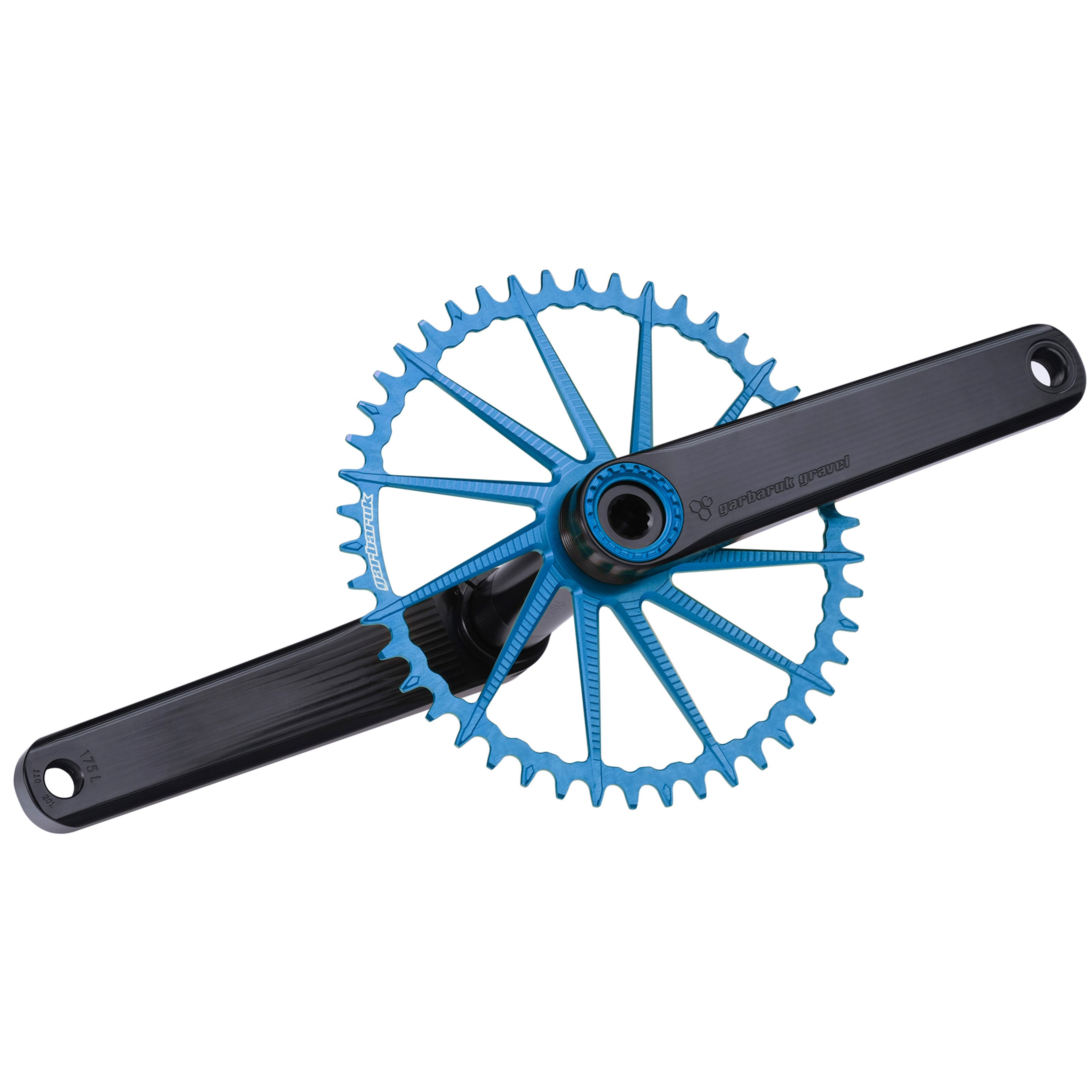 Garbaruk road/gravel crankset in black with a blue Garbaruk chainring, demonstrating precise construction and sleek profile