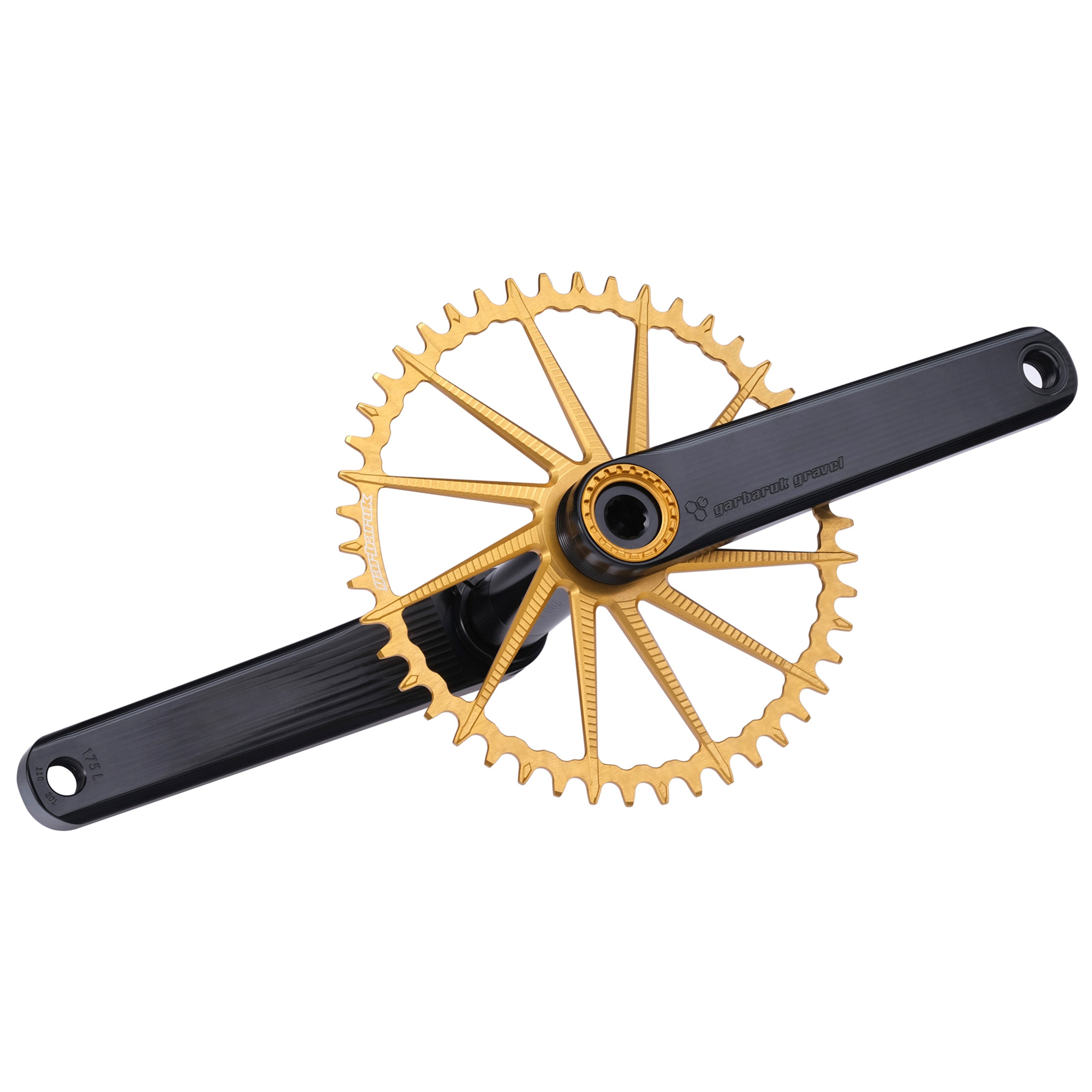 Garbaruk road/gravel crankset in black with a gold Garbaruk chainring, demonstrating precise construction and sleek profile
