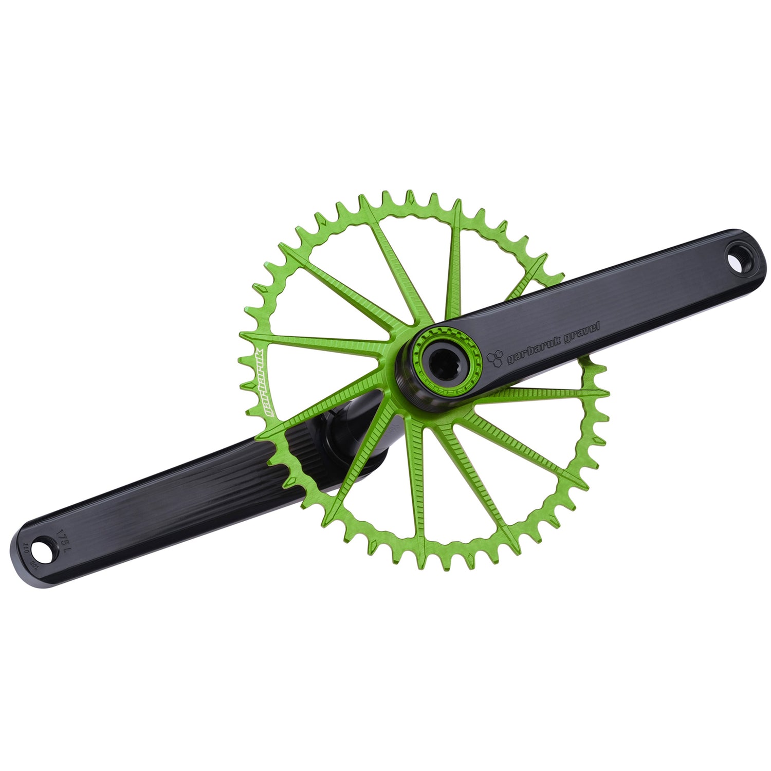 Garbaruk road/gravel crankset in black with a green Garbaruk chainring, demonstrating precise construction and sleek profile