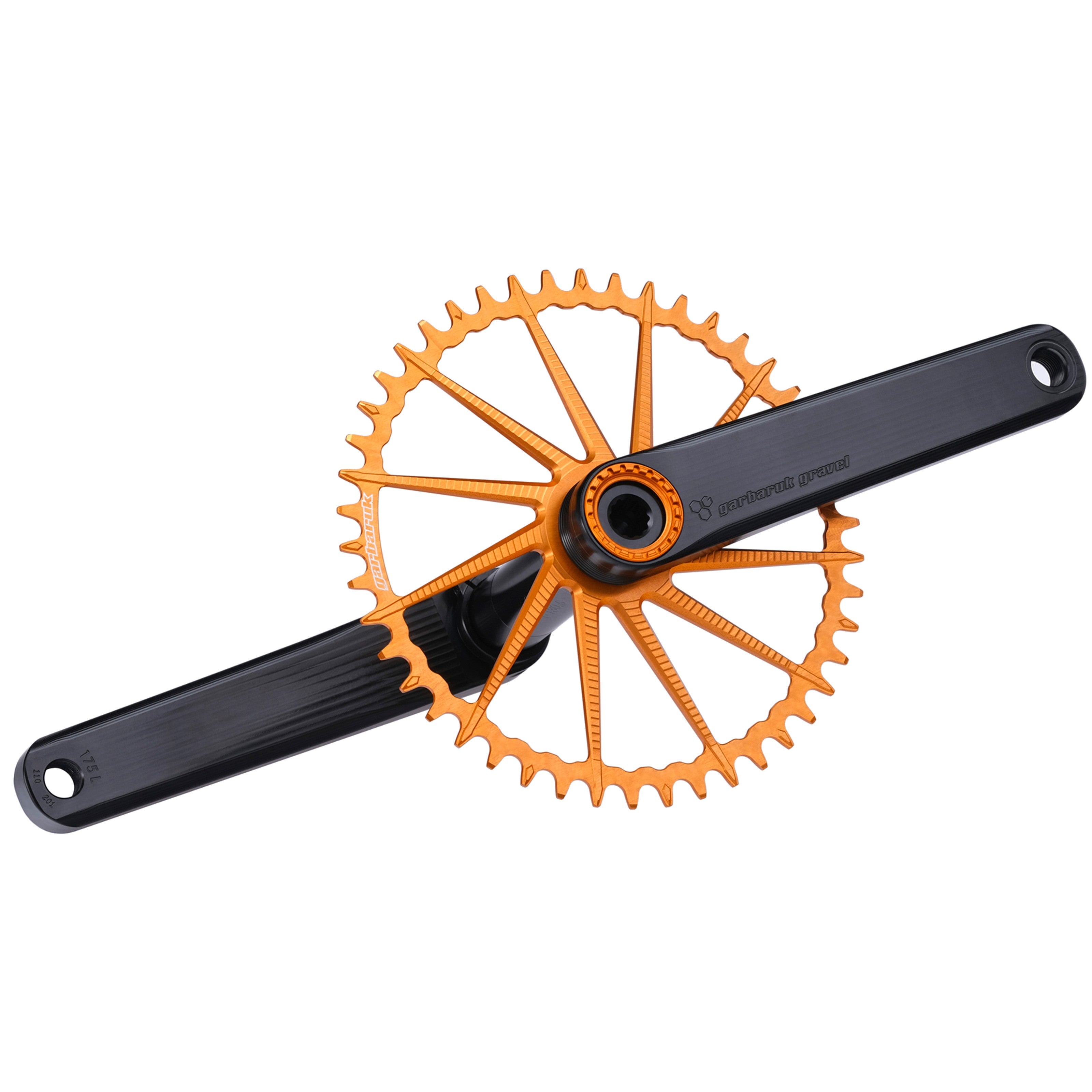 Garbaruk road/gravel crankset in black with an orange Garbaruk chainring, demonstrating precise construction and sleek profile